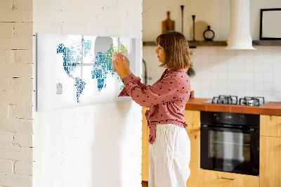 Decoratief glazen wandbord beschrijfbaar en magnetisch Een wereld vol ideeën en positiviteit.