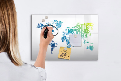 Decoratief glazen wandbord beschrijfbaar en magnetisch Een wereld vol ideeën en positiviteit.