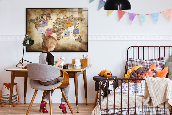 Decoratief glazen wandbord beschrijfbaar en magnetisch Wereldkaart met fotolocaties