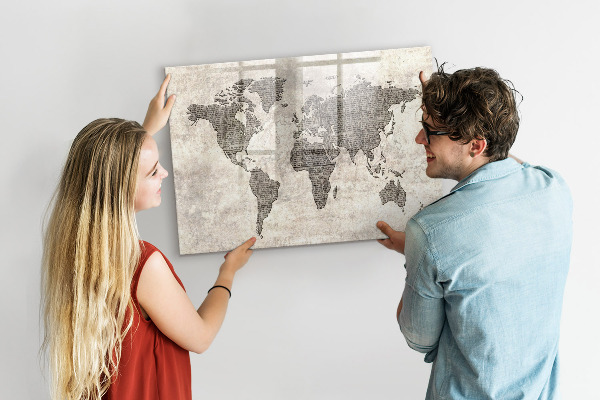 Decoratief glazen wandbord beschrijfbaar en magnetisch Wereldkaart met fotolocaties