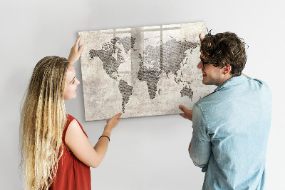 Decoratief glazen wandbord beschrijfbaar en magnetisch Wereldkaart met fotolocaties