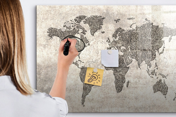 Decoratief glazen wandbord beschrijfbaar en magnetisch Wereldkaart met fotolocaties
