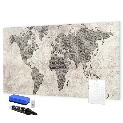 Decoratief glazen wandbord beschrijfbaar en magnetisch Wereldkaart met fotolocaties