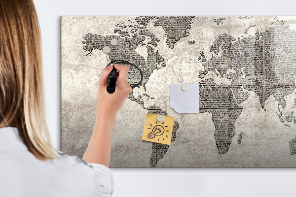 Decoratief glazen wandbord beschrijfbaar en magnetisch Wereldkaart met fotolocaties