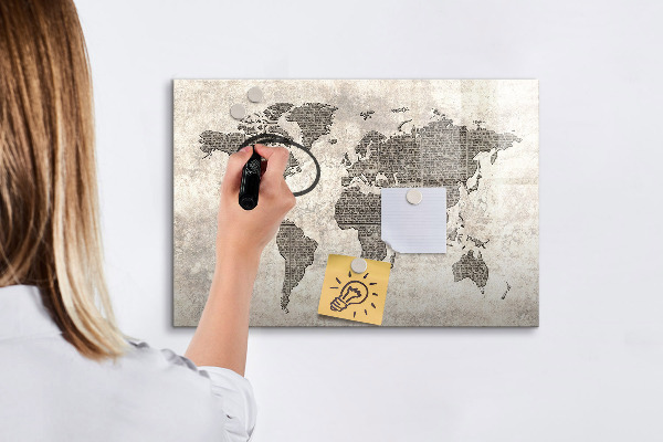 Decoratief glazen wandbord beschrijfbaar en magnetisch Wereldkaart met fotolocaties