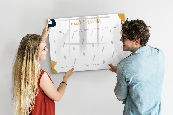 Memobord van glas met print inclusief neodymium magneten Weekplanner met ruimte voor foto's