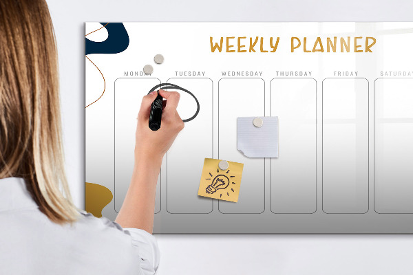 Memobord van glas met print inclusief neodymium magneten Weekplanner met ruimte voor foto's