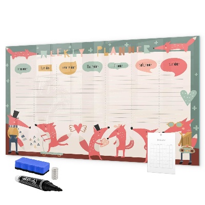 Memobord van glas met print inclusief neodymium magneten Weekplanner met kleurrijke illustraties