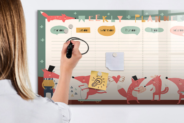 Memobord van glas met print inclusief neodymium magneten Weekplanner met kleurrijke illustraties