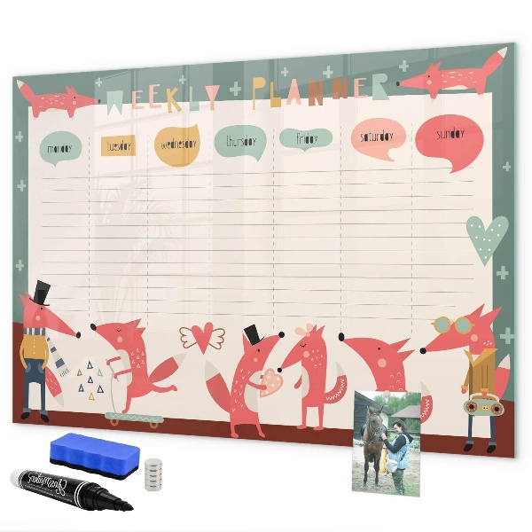 Memobord van glas met print inclusief neodymium magneten Weekplanner met kleurrijke illustraties