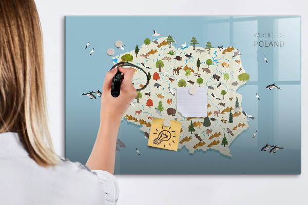 Memobord van glas met print inclusief neodymium magneten Natuurkaart van Polen met fotolocaties