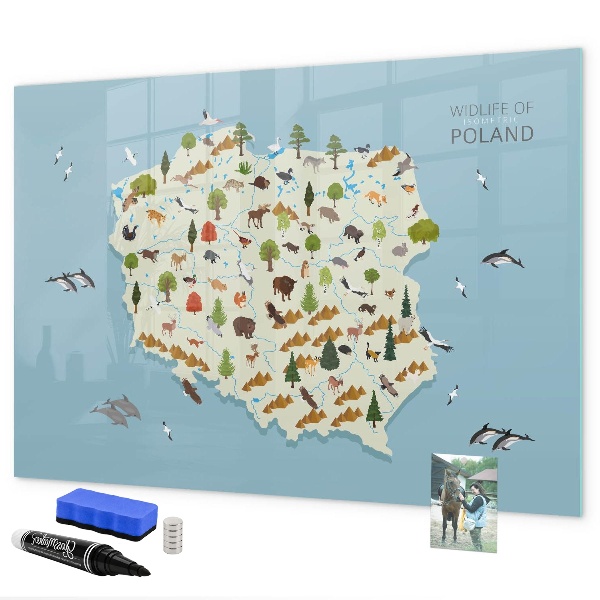 Memobord van glas met print inclusief neodymium magneten Natuurkaart van Polen met fotolocaties
