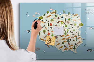 Memobord van glas met print inclusief neodymium magneten Natuurkaart van Polen met fotolocaties