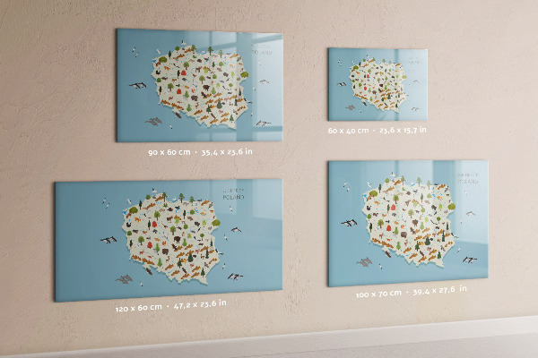 Memobord van glas met print inclusief neodymium magneten Natuurkaart van Polen met fotolocaties