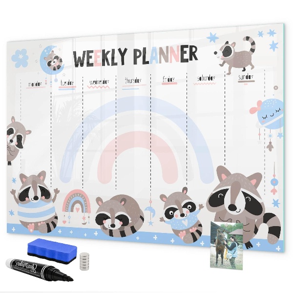 Memobord van glas met print inclusief neodymium magneten Weekplanner met vrolijke dieren