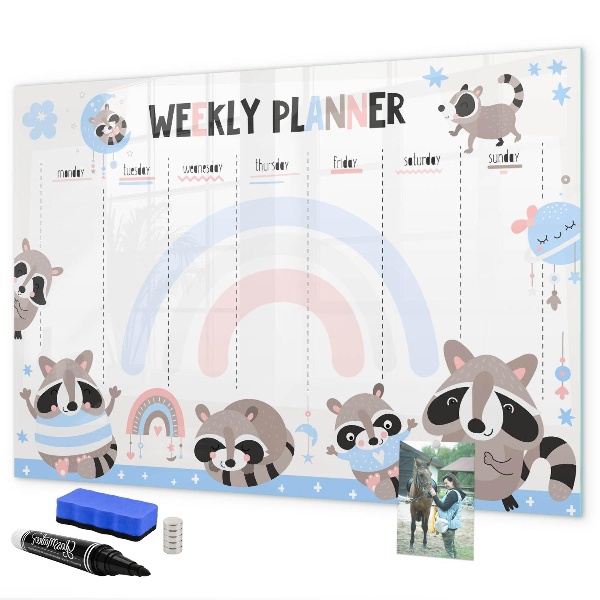 Memobord van glas met print inclusief neodymium magneten Weekplanner met vrolijke dieren