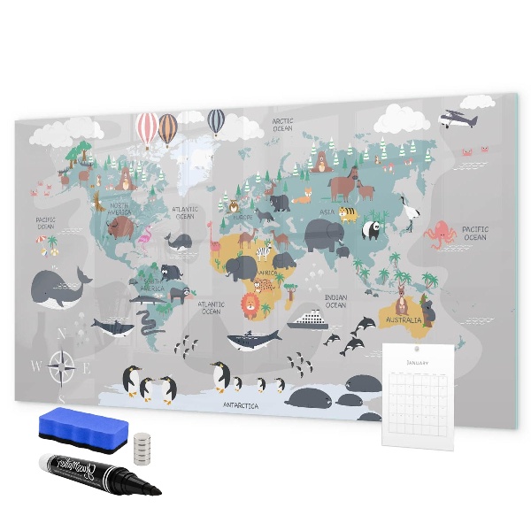 Decoratief glazen wandbord beschrijfbaar en magnetisch Avonturenkaart met plekken om te ontdekken