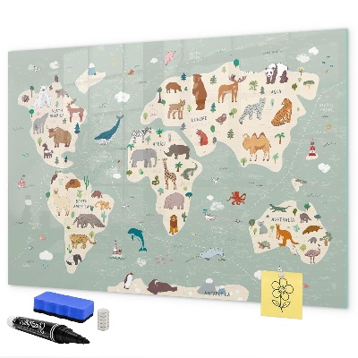 Memobord van glas met print inclusief neodymium magneten Wereldkaart met illustraties van dieren