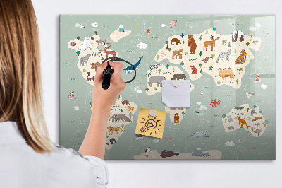Memobord van glas met print inclusief neodymium magneten Wereldkaart met illustraties van dieren