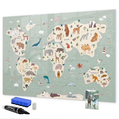 Memobord van glas met print inclusief neodymium magneten Wereldkaart met illustraties van dieren