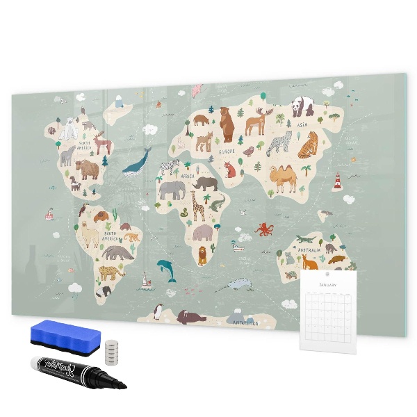 Memobord van glas met print inclusief neodymium magneten Wereldkaart met illustraties van dieren