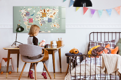 Memobord van glas met print inclusief neodymium magneten Wereldkaart met illustraties van dieren
