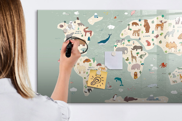 Memobord van glas met print inclusief neodymium magneten Wereldkaart met illustraties van dieren