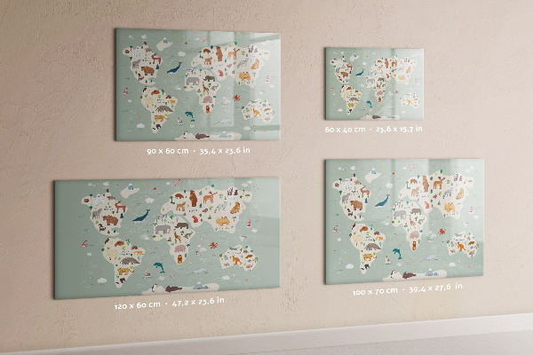 Memobord van glas met print inclusief neodymium magneten Wereldkaart met illustraties van dieren