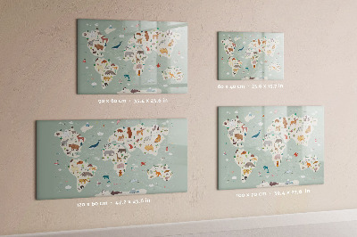 Memobord van glas met print inclusief neodymium magneten Wereldkaart met illustraties van dieren