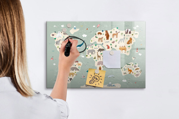 Memobord van glas met print inclusief neodymium magneten Wereldkaart met illustraties van dieren