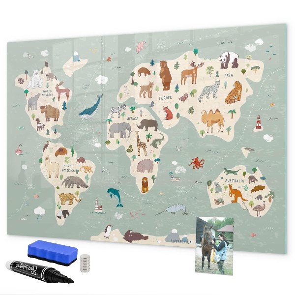 Memobord van glas met print inclusief neodymium magneten Wereldkaart met illustraties van dieren