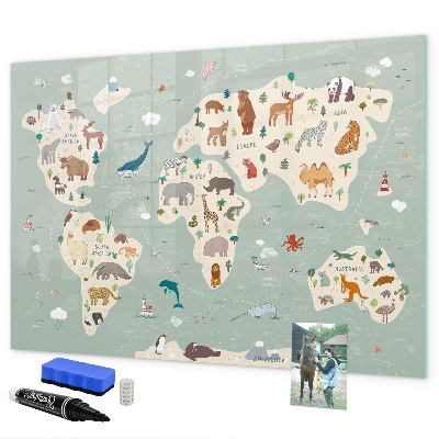 Memobord van glas met print inclusief neodymium magneten Wereldkaart met illustraties van dieren