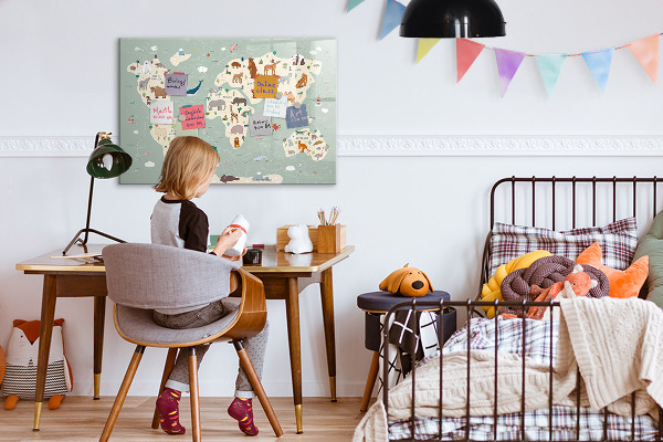 Memobord van glas met print inclusief neodymium magneten Wereldkaart met illustraties van dieren