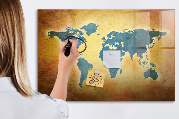 Decoratief glazen wandbord beschrijfbaar en magnetisch Wereldkaart met ruimte voor foto's