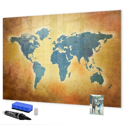 Decoratief glazen wandbord beschrijfbaar en magnetisch Wereldkaart met ruimte voor foto's