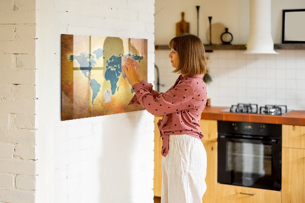 Decoratief glazen wandbord beschrijfbaar en magnetisch Wereldkaart met ruimte voor foto's