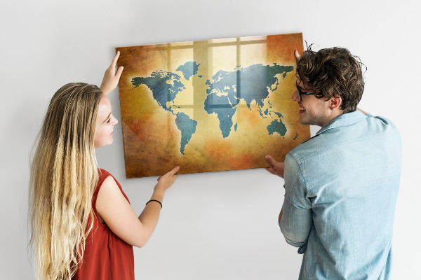 Decoratief glazen wandbord beschrijfbaar en magnetisch Wereldkaart met ruimte voor foto's