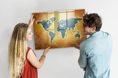 Decoratief glazen wandbord beschrijfbaar en magnetisch Wereldkaart met ruimte voor foto's