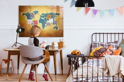 Decoratief glazen wandbord beschrijfbaar en magnetisch Wereldkaart met ruimte voor foto's