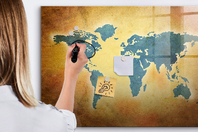Decoratief glazen wandbord beschrijfbaar en magnetisch Wereldkaart met ruimte voor foto's