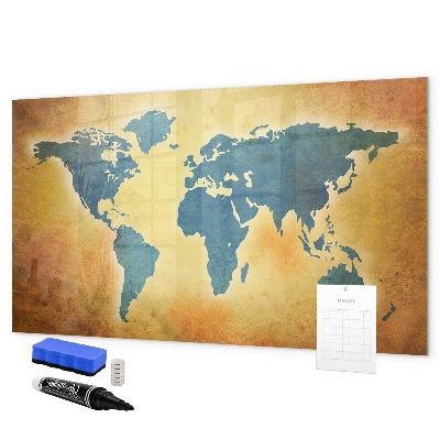 Decoratief glazen wandbord beschrijfbaar en magnetisch Wereldkaart met ruimte voor foto's