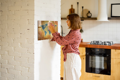 Decoratief glazen wandbord beschrijfbaar en magnetisch Wereldkaart met ruimte voor foto's