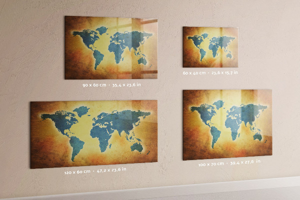 Decoratief glazen wandbord beschrijfbaar en magnetisch Wereldkaart met ruimte voor foto's