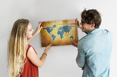 Decoratief glazen wandbord beschrijfbaar en magnetisch Wereldkaart met ruimte voor foto's