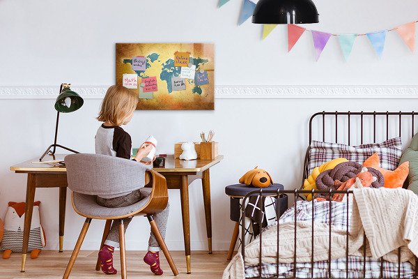 Decoratief glazen wandbord beschrijfbaar en magnetisch Wereldkaart met ruimte voor foto's