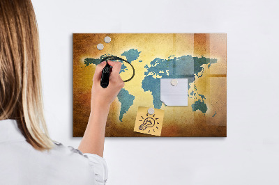 Decoratief glazen wandbord beschrijfbaar en magnetisch Wereldkaart met ruimte voor foto's