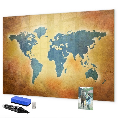 Decoratief glazen wandbord beschrijfbaar en magnetisch Wereldkaart met ruimte voor foto's