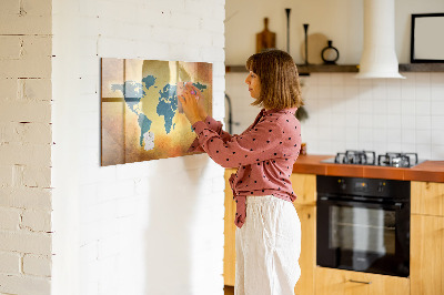 Decoratief glazen wandbord beschrijfbaar en magnetisch Wereldkaart met ruimte voor foto's
