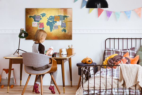 Decoratief glazen wandbord beschrijfbaar en magnetisch Wereldkaart met ruimte voor foto's