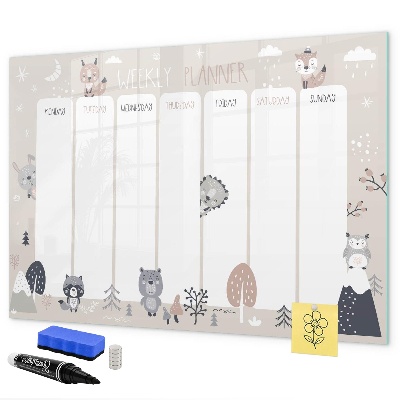 Decoratief glazen wandbord beschrijfbaar en magnetisch Leuke dieren weekplanner